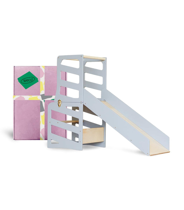 Weco Kinder-Lernturm 3 in 1 Streifendesign mit Rutsche Schreibtisch Rutsche Montessori Möbel Küchenh