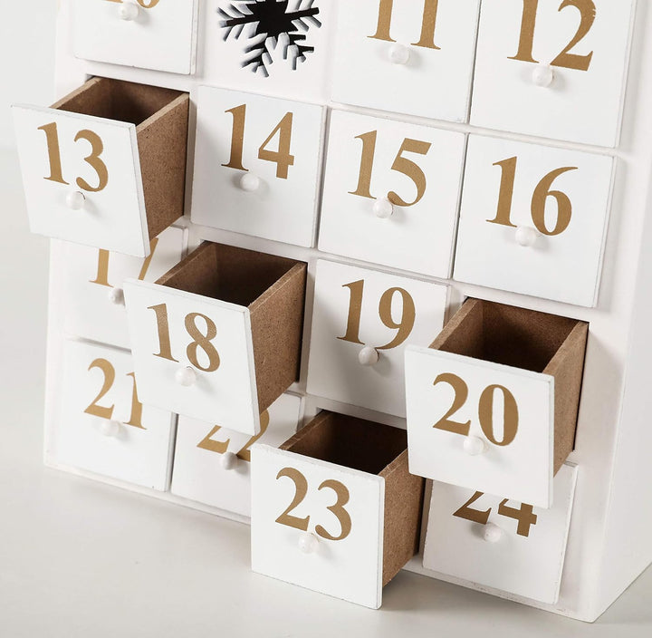 BRUBAKER Adventskalender aus Holz zum Befüllen - Weisses Schneehaus mit LED-Beleuchtung - Wiederverw