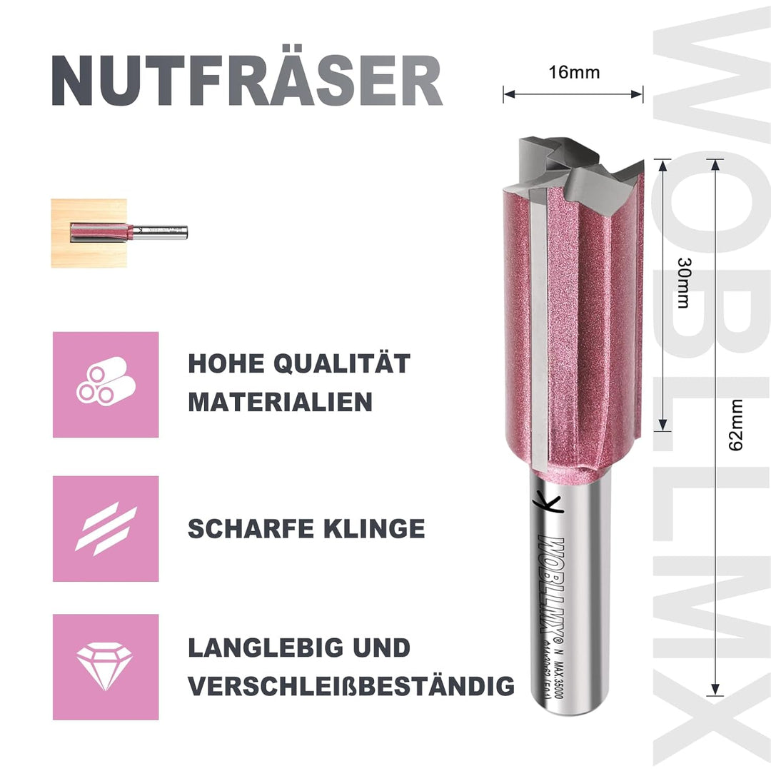 3 Klingen Nutfräser 8mm Schaft,Ø16mm Arbeitslänge 30mm Professional Hartmetall Bestückt Nutfräser St