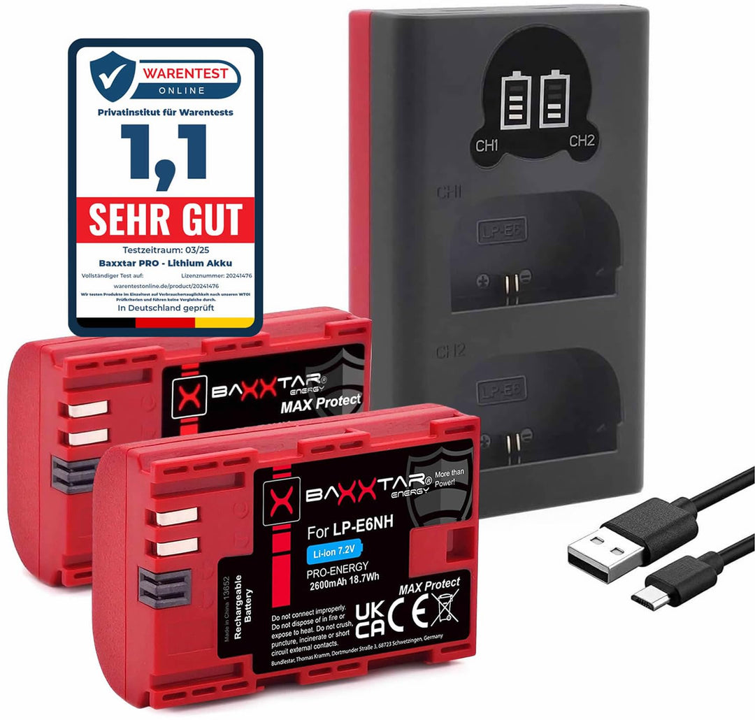 Baxxtar MaxProtect LP-E6NH 2400mAh Akku 2X mit aktivem NTC Sensor und V1 Schutzgehäuse, auch kompati