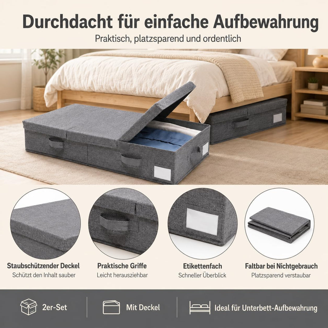 Unterbettkommode mit Deckel – Faltbare Unterbett Aufbewahrungsbox 15 cm Höhe, Kleideraufbewahrung &