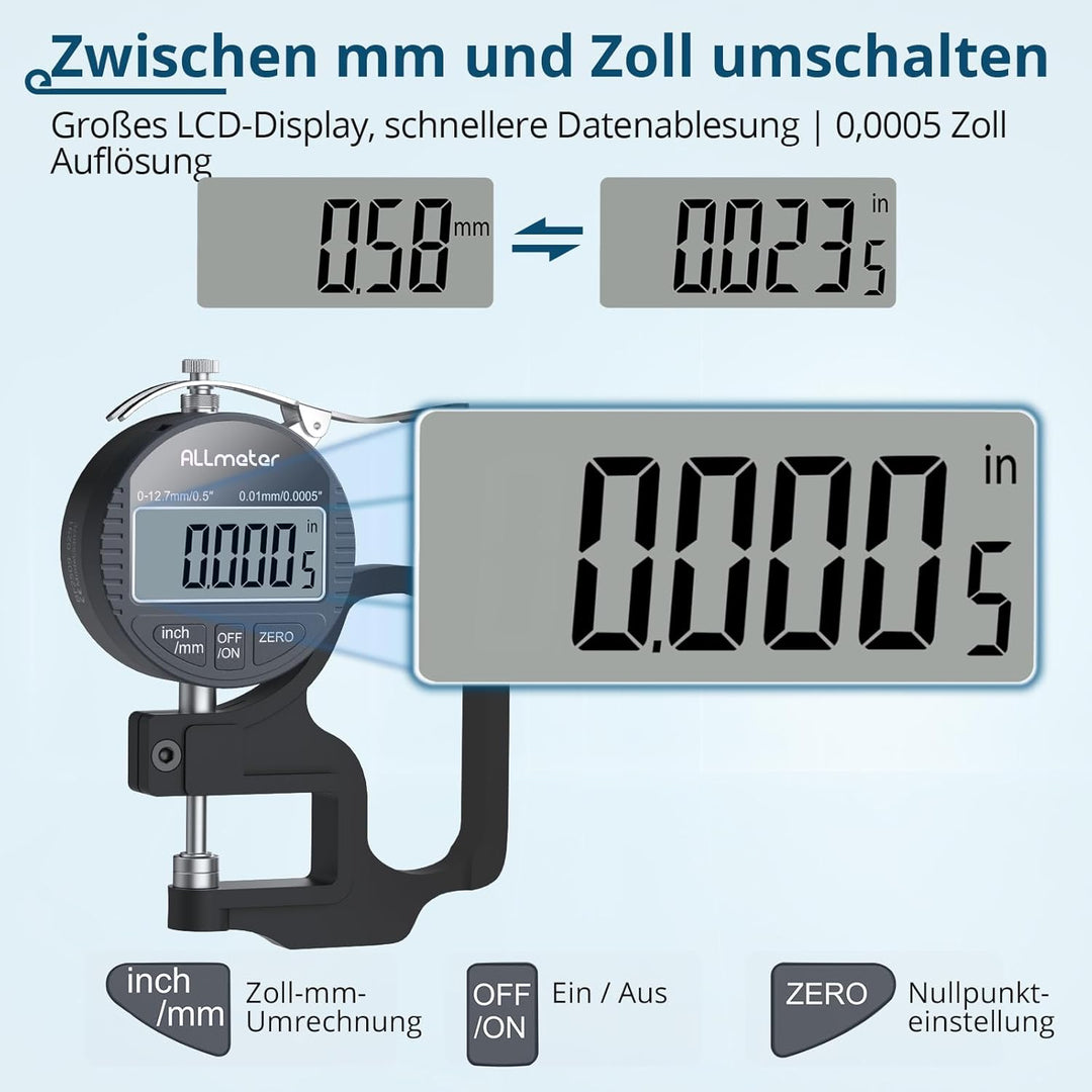 Digitales Dickenmessgerät 0–12,7 mm, 0,01 mm Auflösung, Präzises LCD-Display, Elektronisches Dickenm