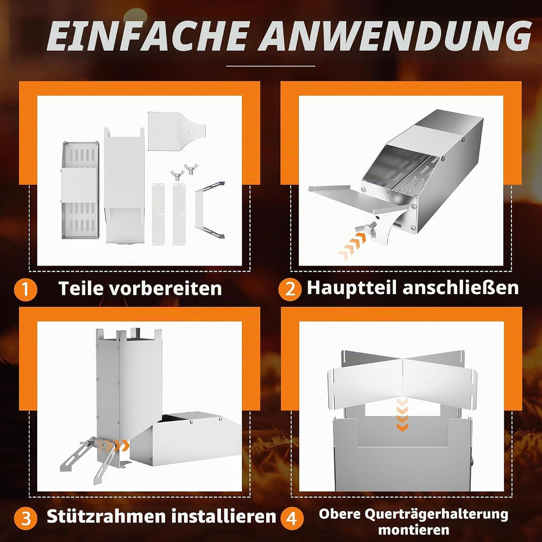 UISEBRT Raketenofen aus dickem Stahl,Tragbar Rocket Stove Stecksystem,Holzofen Campingkocher Camping