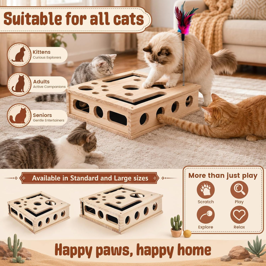 Katzen Kratzpuzzle 2-in-1 Nagelfeilen Box mit Sandpapier, Interaktives Katzenspielzeug Holz für Stre