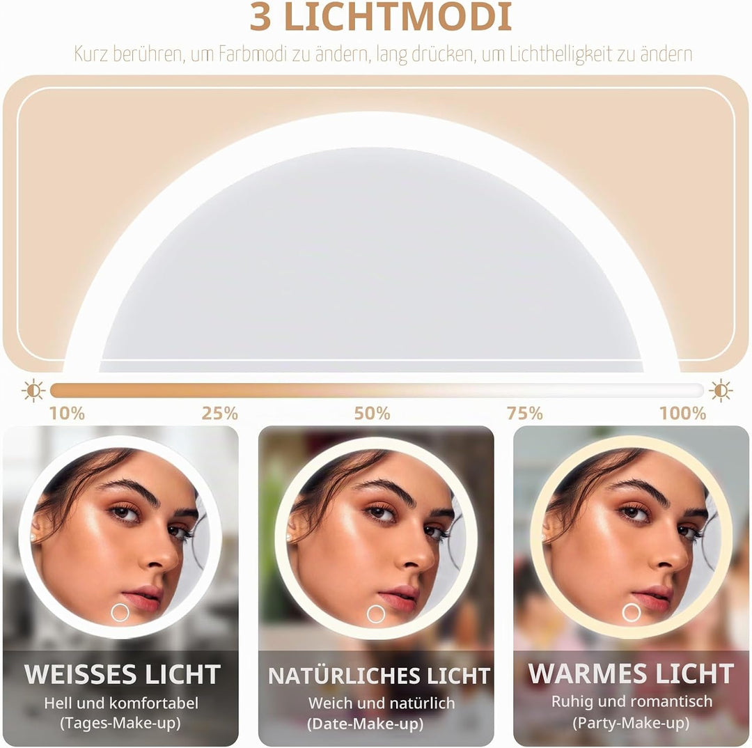 10x Vergrösserungsspiegel mit Licht 10fach, 15cm gross, 3 Farben, dimmbar, beleuchtet, 10x Reiseverg