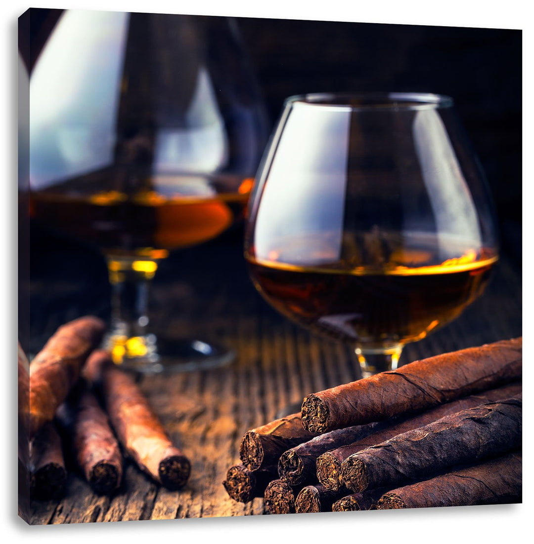 Pixxprint Whisky mit Zigarre als Leinwandbild/Grösse: 70x70 cm/Wandbild/Kunstdruck/fertig bespannt,