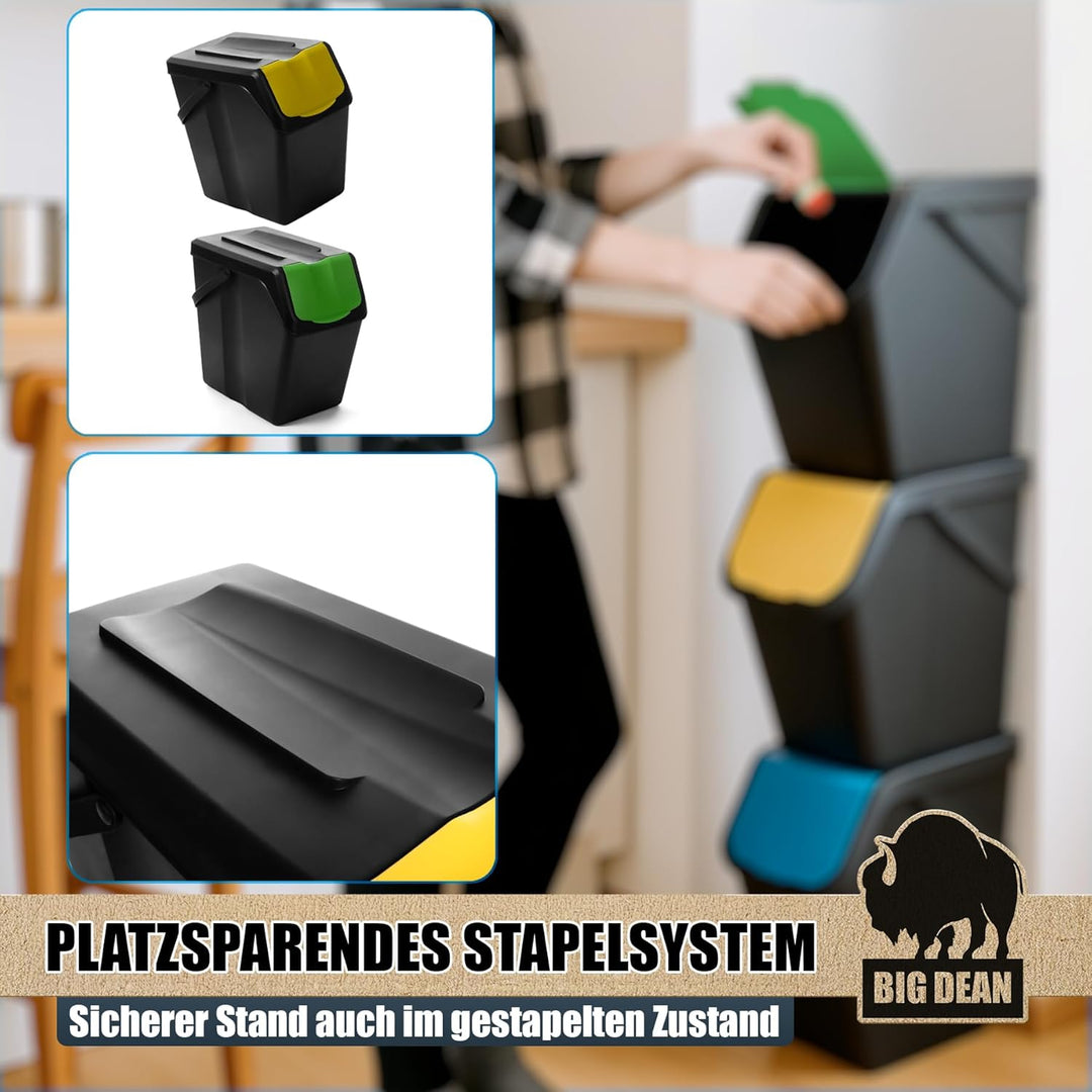BigDean 3x 25L Mülltrennsystem Küchenmülleimer 3 Fächer Stapelbar mit Henkel Abfalleimer Küche