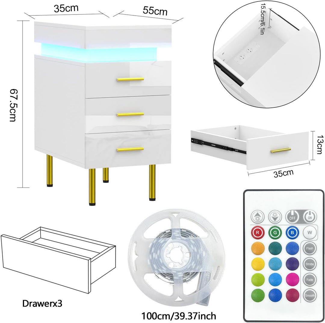 PIPIPOXER 2er Set Nachttisch mit LED, Nachttisch mit Steckdose & USB, Nachtkommode mit 3 Schubladen