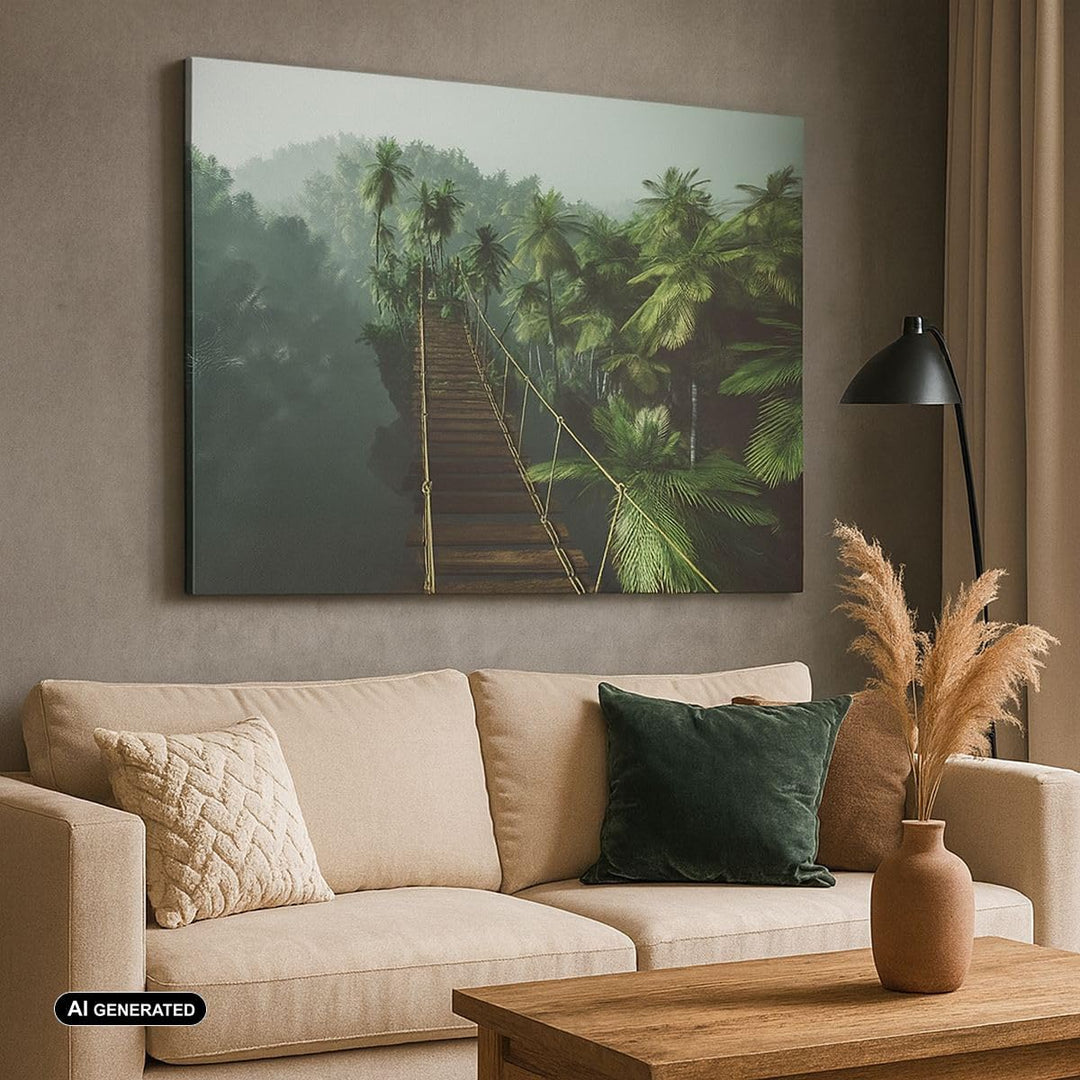 ARTTOR Bilder auf Leinwand 100x70cm Leinwandbild Dschungel Palme Brücke Gross Wanddeko Bild Schlafzi