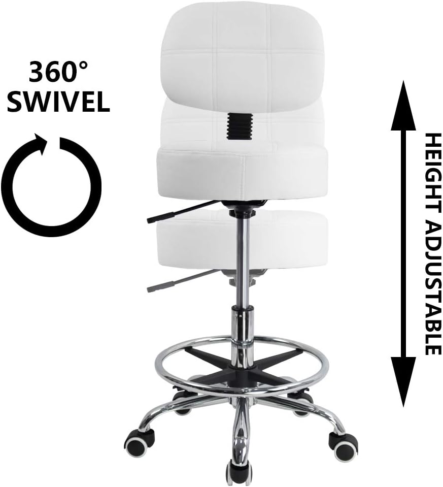 KKTONER Rollhocker Arbeitshocker mit Rückenlehne Höhenverstellbarer 53-68cm Salon Hocker PU Leder We