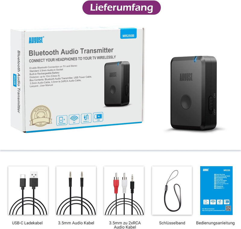 August MR250B - Bluetooth Audio aptX Low Latency Transmitter mit Akku - Audio Sender mit aptX LL für