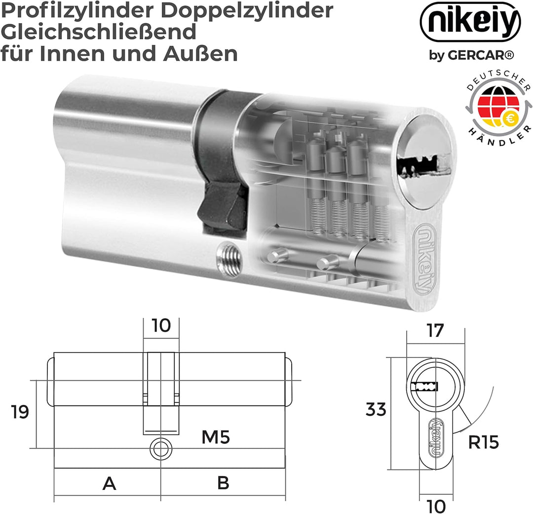 GERCAR 3x Schliesszylinder gleichschliessend 3 Profilzylinder 30/30 inkl. 15 Schlüssel - 60 mm - Dop