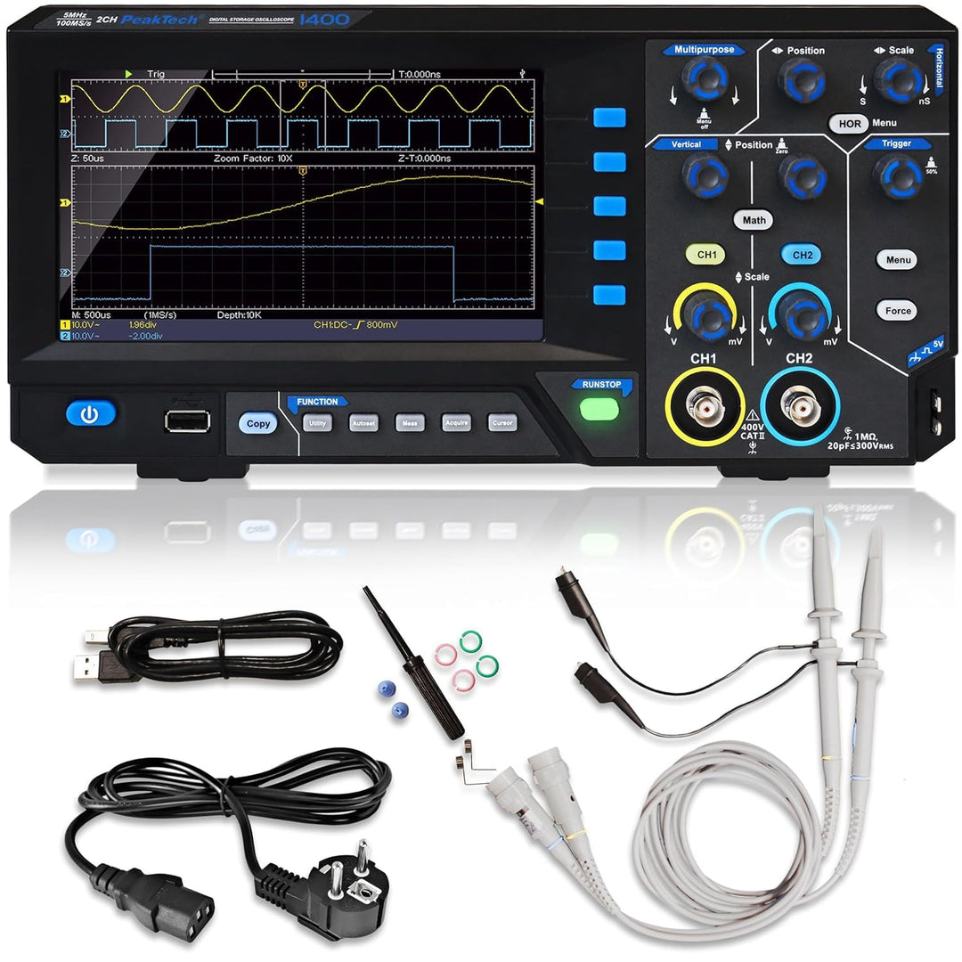 PeakTech 1400 Digital Oszilloskop, 2 Kanal, 5 MHz, 100 MS/s, USB Schnittstelle, PC Software, Schwarz