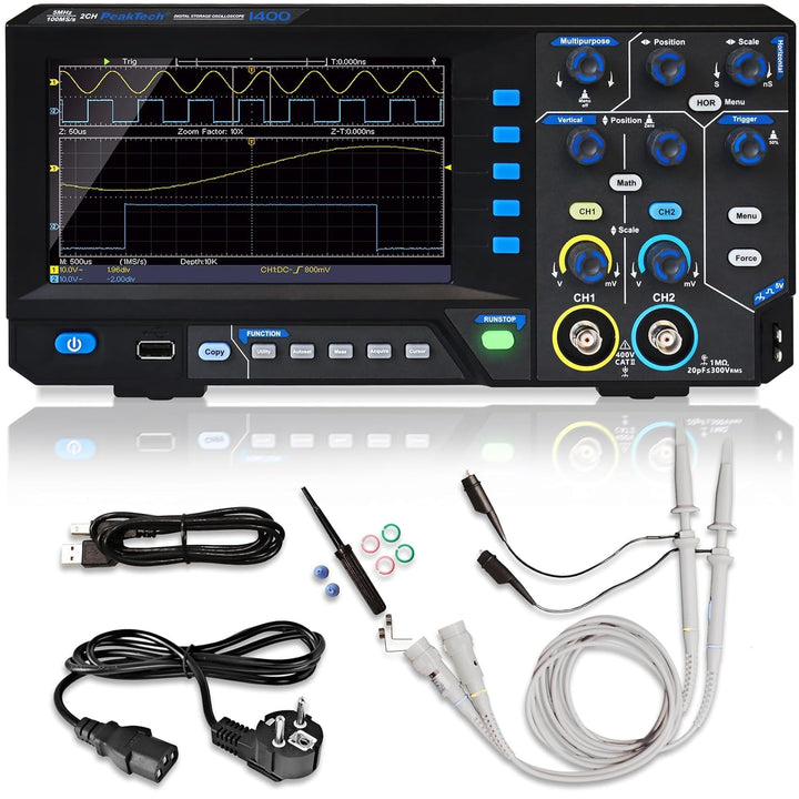PeakTech 1400 Digital Oszilloskop, 2 Kanal, 5 MHz, 100 MS/s, USB Schnittstelle, PC Software, Schwarz