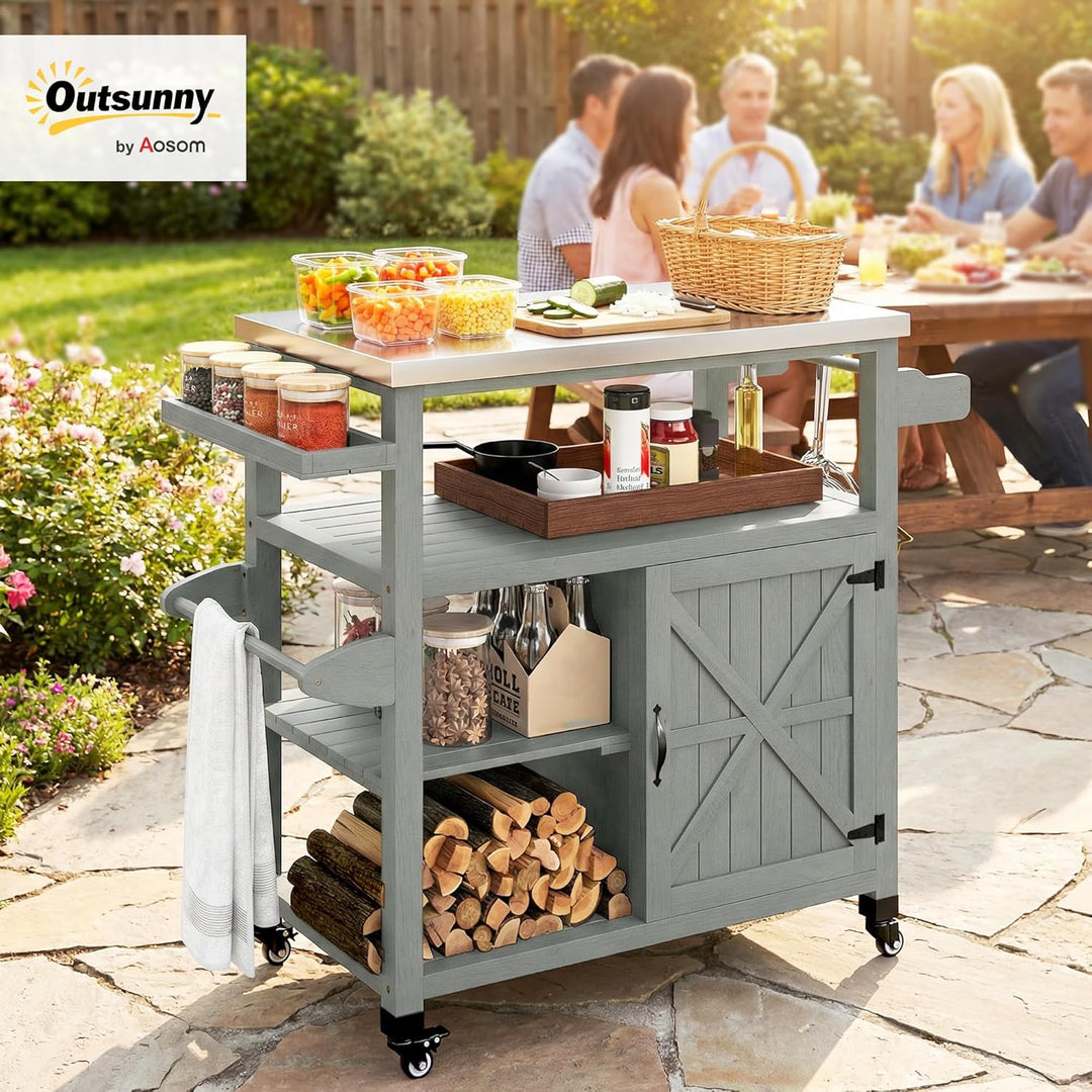 Outsunny Gartenwagen Grillwagen auf Rollen Kücheninsel aus Holz Edelstahlplatte Schrank offene Regal