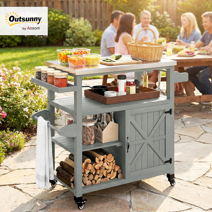 Outsunny Gartenwagen Grillwagen auf Rollen Kücheninsel aus Holz Edelstahlplatte Schrank offene Regal