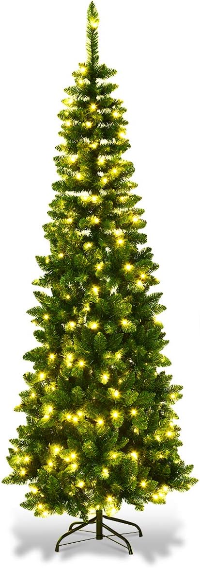 COSTWAY 135/200/225cm Bleistift Weihnachtsbaum mit warmweissen LED-Leuchten, künstlicher Tannenbaum