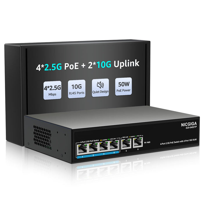6 Port 2.5Gb PoE Switch Unmanaged with 4 Port 2.5G Base-T PoE+@65W + 2 x 10G RJ45 Uplink, NICGIGA 6