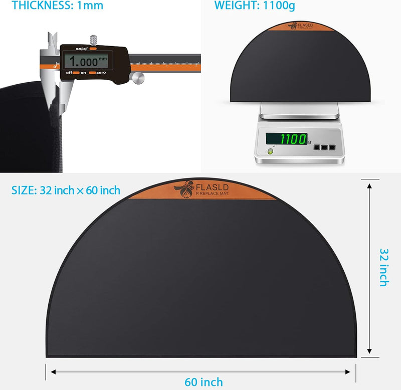 FLASLD Feuerfeste Kaminmatte, 81 x 152 cm, halbrund, schützt Böden vor Funken, Glut, silikonbeschich