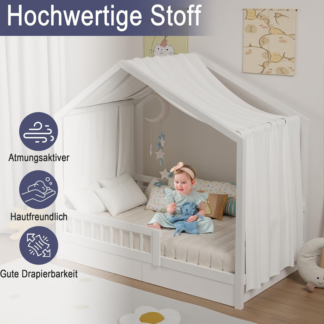 Hausbett Himmel, Betthimmel Hausbetten aus Baumwolle Musselin, Stoffhimmel für Hausbett Mädchen Jung