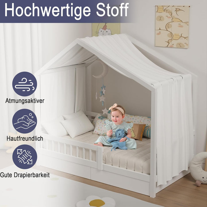 Hausbett Himmel, Betthimmel Hausbetten aus Baumwolle Musselin, Stoffhimmel für Hausbett Mädchen Jung