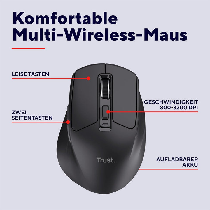 Trust Niven Kabellose Maus Bluetooth + 2.4GHz, Leise Tasten, Mehrgeräte Komfortable Funkmaus, 800-32