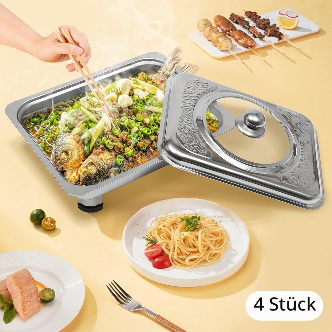 4 Stück Buffetwärmer Chafer Pan Buffet Tray mit Deckel Rechteckiges Chafing Dish Set Wärmebehälter S