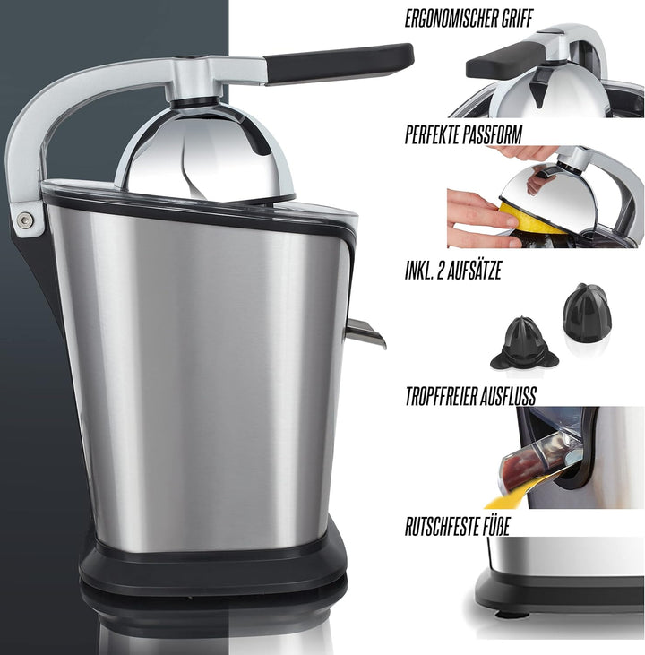 HEINRICHS elektrische Edelstahl Zitruspresse Juicer inkl. Fliessstopfunktion professioneller Hebelar