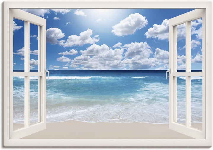 Artland Leinwandbild Wandbild Bild auf Leinwand 100x70 cm Wanddeko Fensterblick Fenster Strand Meer