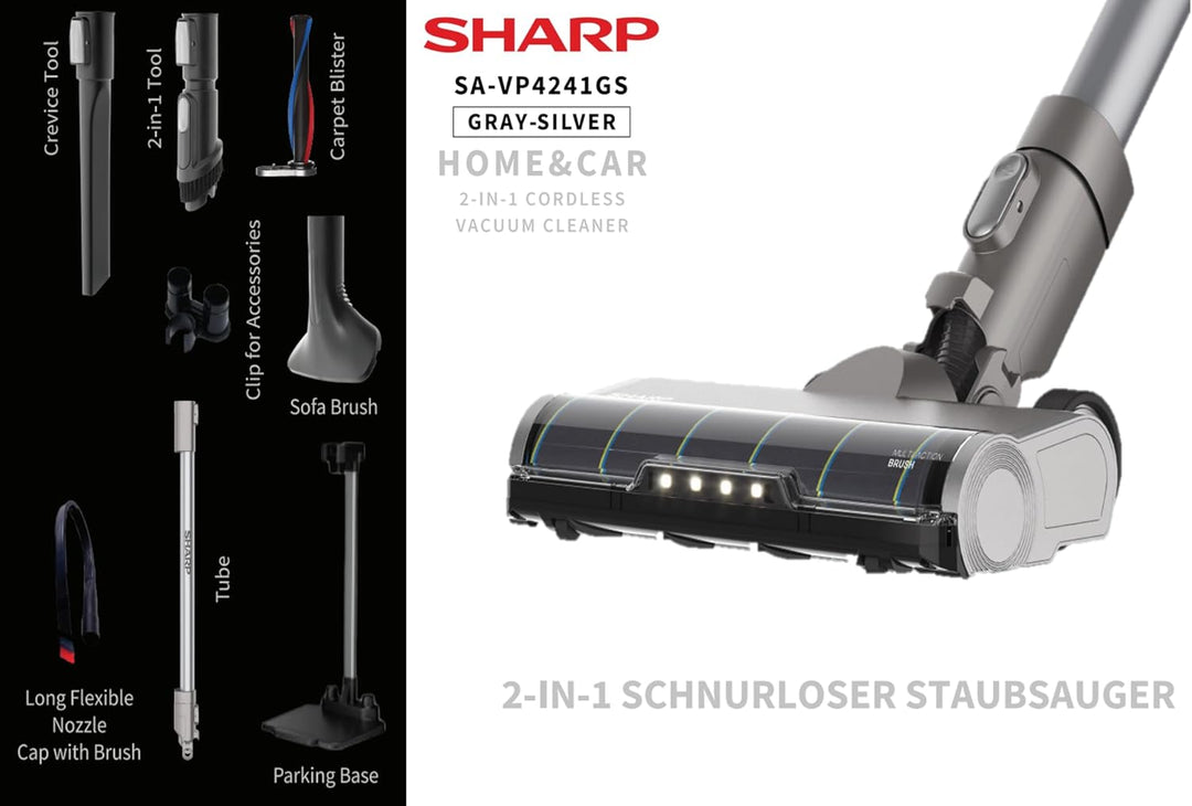 SHARP SA-VP4241GS Staubsauger Kabellos, Home & Car, 300W BLDC-Motor, 65Min., 0,75L, HEPA H13-Filter,