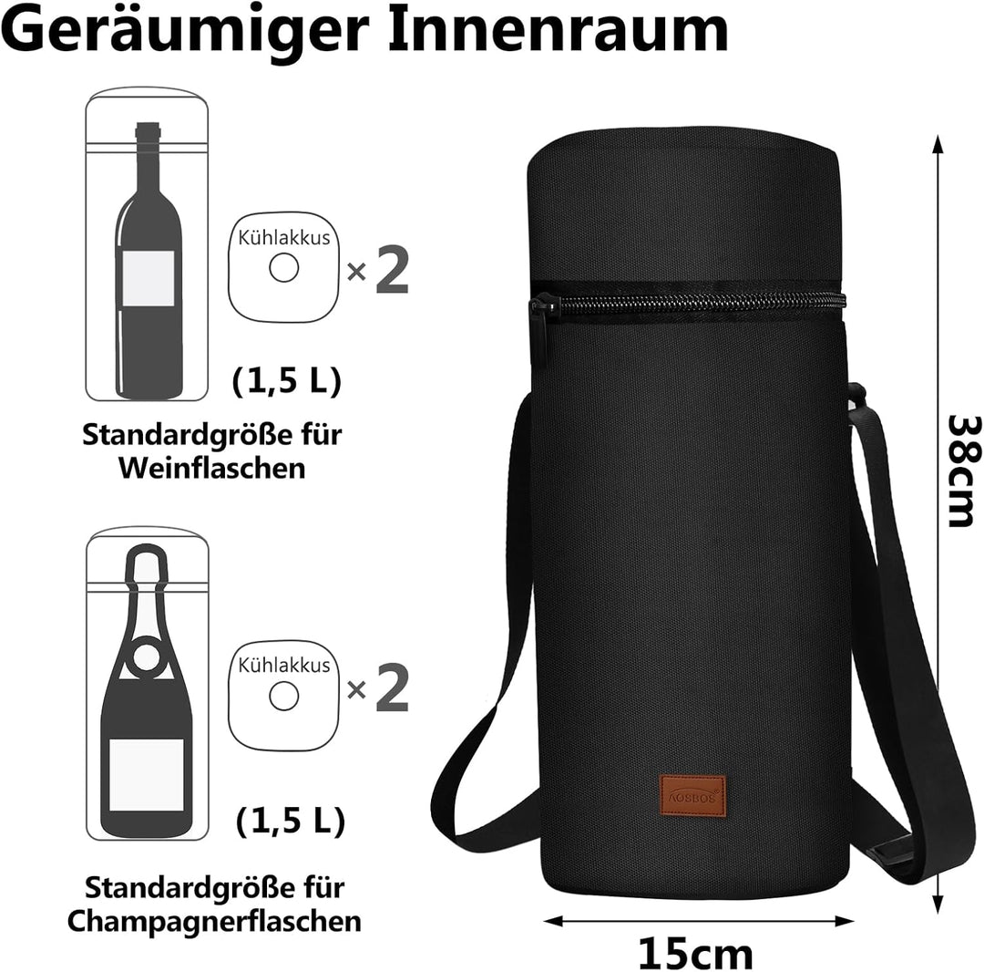 Aosbos Grosse Kühltasche für 1,5L Weinflasche Champagner Flaschenhalter mit verstellbarem Schultergu