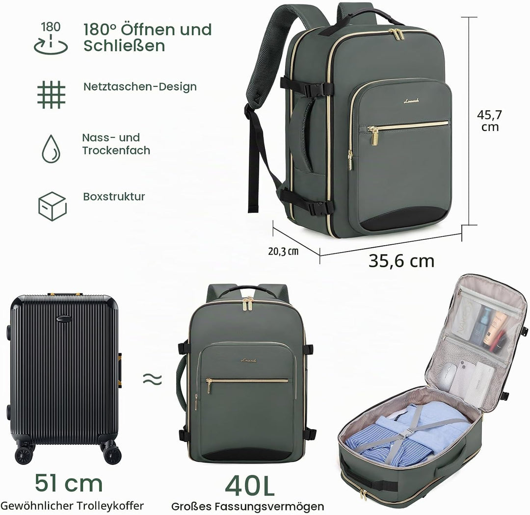 LOVEVOOK Handgepäck Rucksack Flugzeug, 40L Gross Reiserucksack Damen Kofferrucksack, Wasserdicht Rei