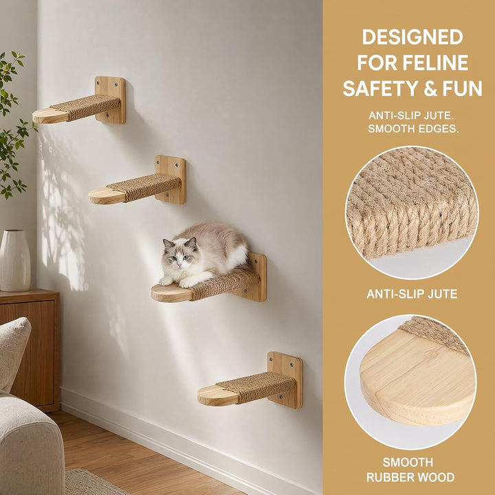 4pcs Katzentreppe Wand, Kletterwand Katzen aus Massives Eichenholz, Klettern Katzenleiter für Katzen