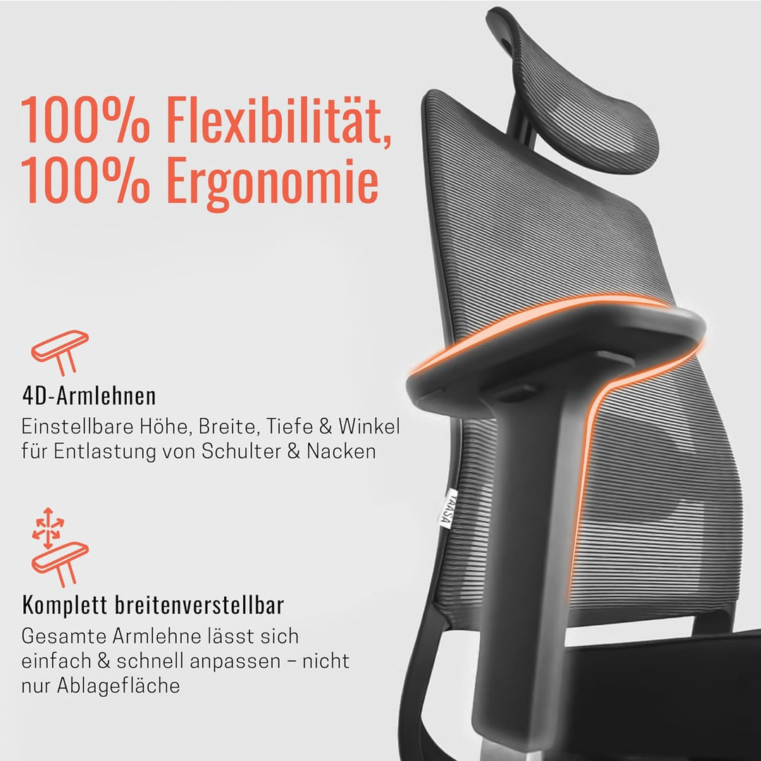 Yaasa Chair Expert Bürostuhl ergonomisch, Schreibtischstuhl verstellbare Kopfstütze, 4D-Armlehnen, L