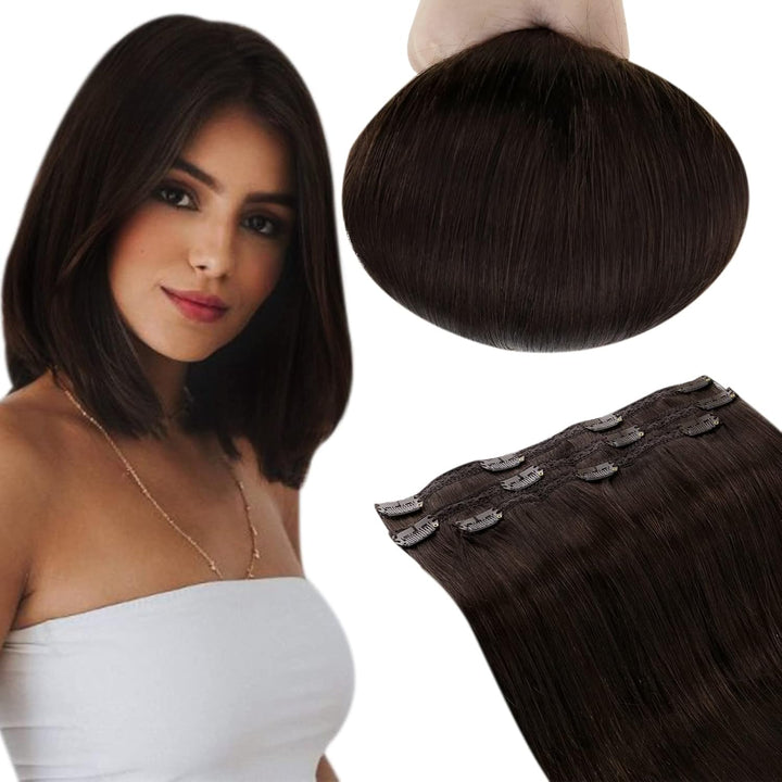 RUNATURE Echthaar Extensions Clip Braun Haarverlängerung 25cm Gerade Clip in Extensions Echthaar Dun