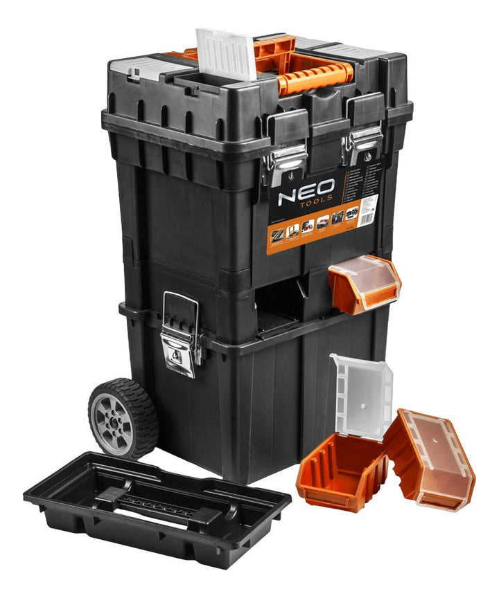 NEO TOOLS Werkzeugkoffer auf Rädern, mobile Werkstatt 40x40x70,5 cm, vier Organizer, vier Ergoboxen