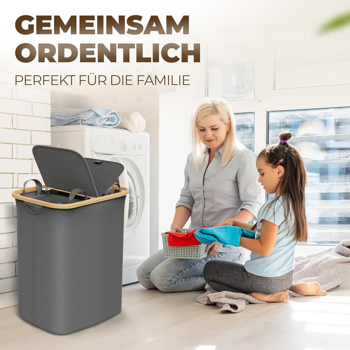 Wäschekorb mit 2 Deckel 2 Fächer 150 Liter Bambus-Stoff Grau Gross XXL - Wäschekorb Grau Dunkelgrau