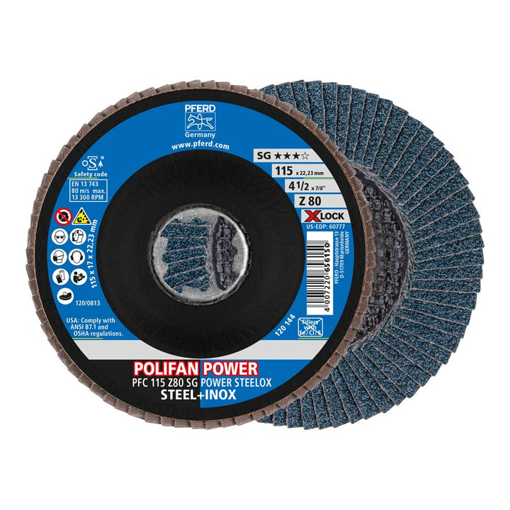PFERD Fächerscheibe POLIFAN POWER, 10 Stück, 115mm, Z80, X-LOCK (22,23 mm), SG STEELOX, 67788117 – f