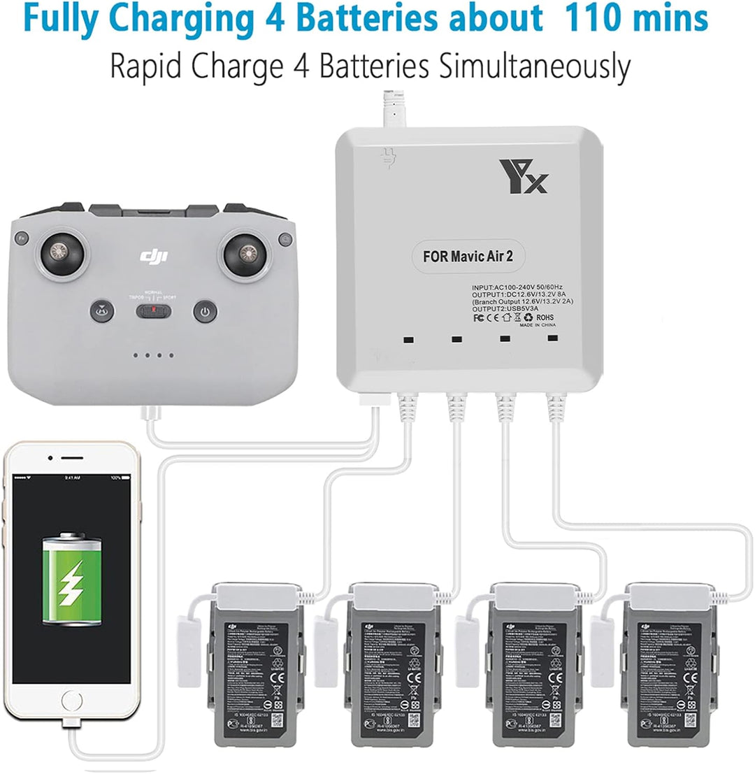 6 in 1 Akku Ladegerät für DJI Air 2S,Mavic Air 2 Drohne, lädt 4 Batterie und 2 USB-Anschlüsse Gleich