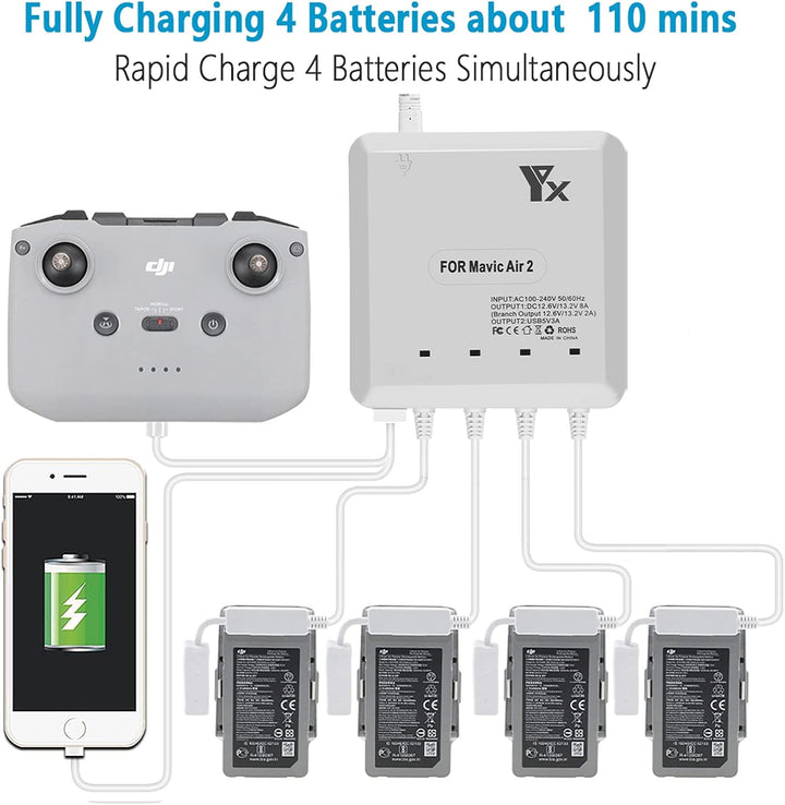 6 in 1 Akku Ladegerät für DJI Air 2S,Mavic Air 2 Drohne, lädt 4 Batterie und 2 USB-Anschlüsse Gleich