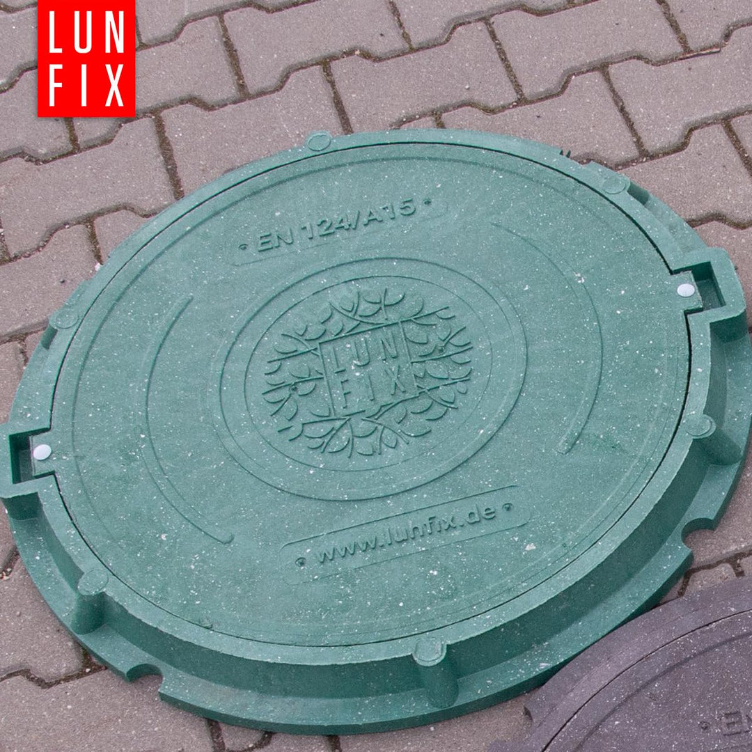 Lun Fix Schachtabdeckung mit Flanschrahmen DN 600 mm A15, GRÜN Schachtdeckel mit Manipulationsschutz