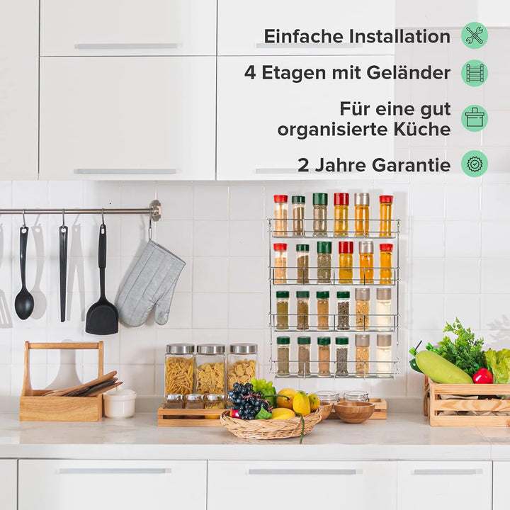 Copa 4-Etagen Gewürzregal Chrom - Gewürzregal hängend - Wand Spice Rack für 4 x 8 Gewürze - Hängende