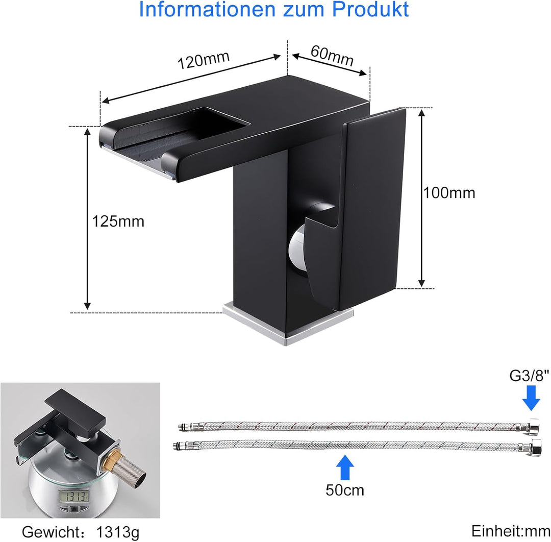 KEOKBON LED Lichter Bad Wasserhahn Schwarz, Farbtemperatur Wasserfall Waschtischarmatur, 3 Farbe Was