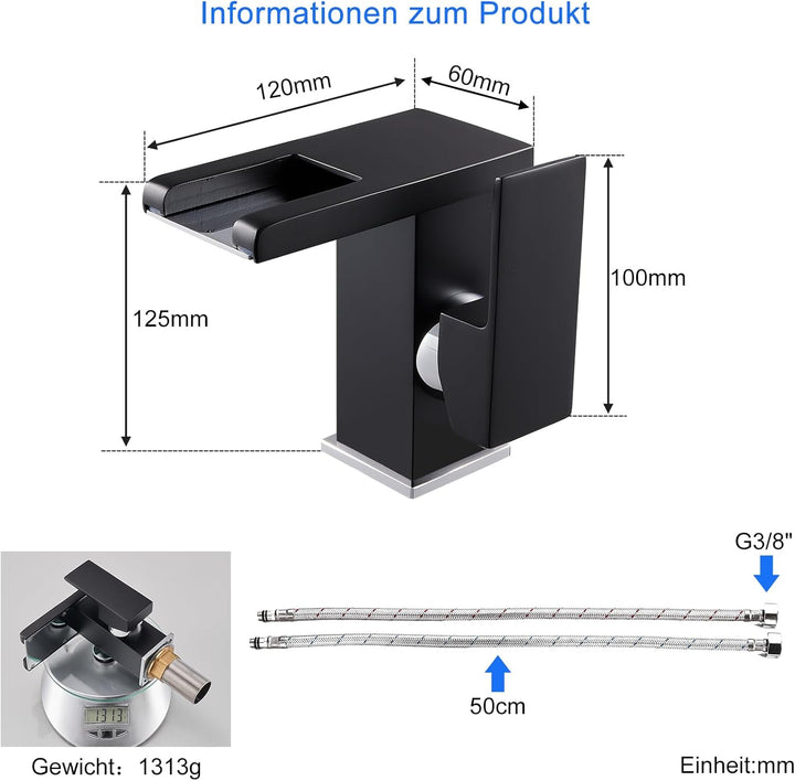 KEOKBON LED Lichter Bad Wasserhahn Schwarz, Farbtemperatur Wasserfall Waschtischarmatur, 3 Farbe Was