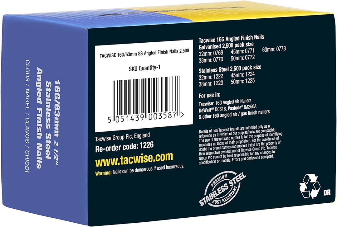 Tacwise Edelstahl-Nägel Gewinkelt 16G/63 mm, 2500 Stück, 1226