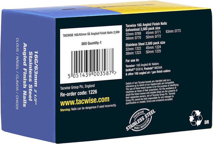 Tacwise Edelstahl-Nägel Gewinkelt 16G/63 mm, 2500 Stück, 1226