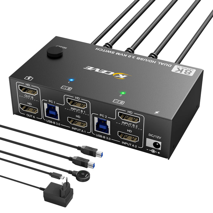 KVM Switch 2 PC 2 Monitore HDMI 8K@60Hz 4K@120Hz, USB 3.0 KVM Switch Dual Monitor HDMI 2.1 Teilen 4