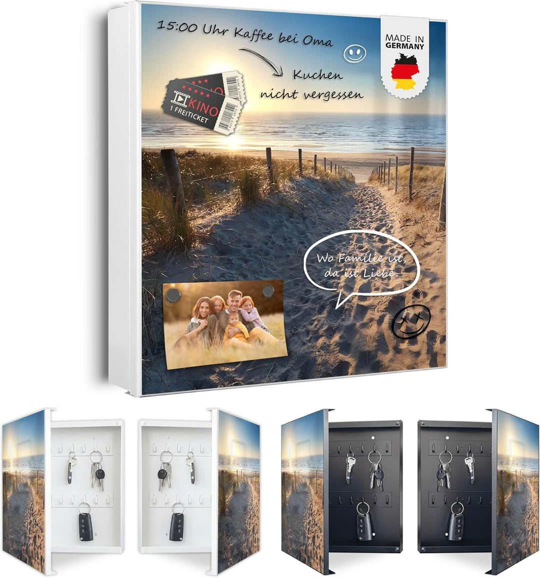 banjado® Grosser Schlüsselkasten Glas/Schlüsselbox 30cm x 30cm mit 50 Haken - Motiv Nordseestrand/Sc