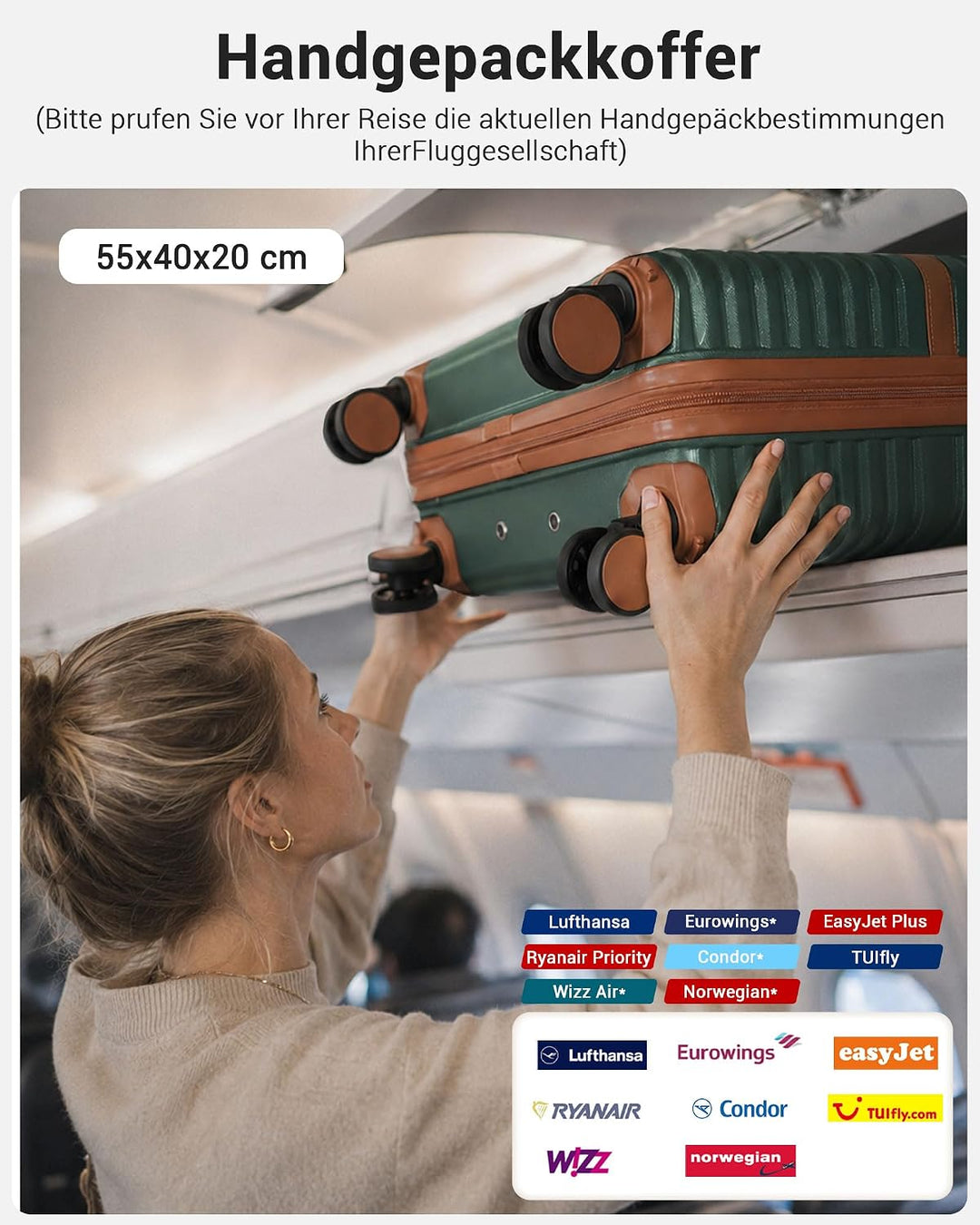 KONO Koffer Reisekoffer Trolley Handgepäck Koffer 55x40x20cm von ABS+PC Hartschalenkoffer mit Zwilli