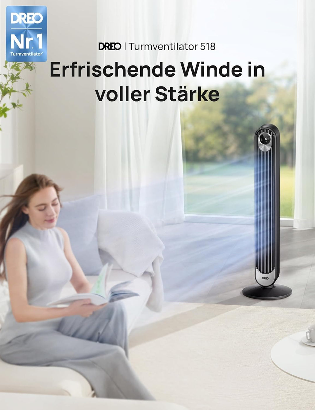 Dreo Turmventilator mit Fernbedienung, 7.3m/s Standventilator mit 6 Geschwindigkeiten, 90° oszillier